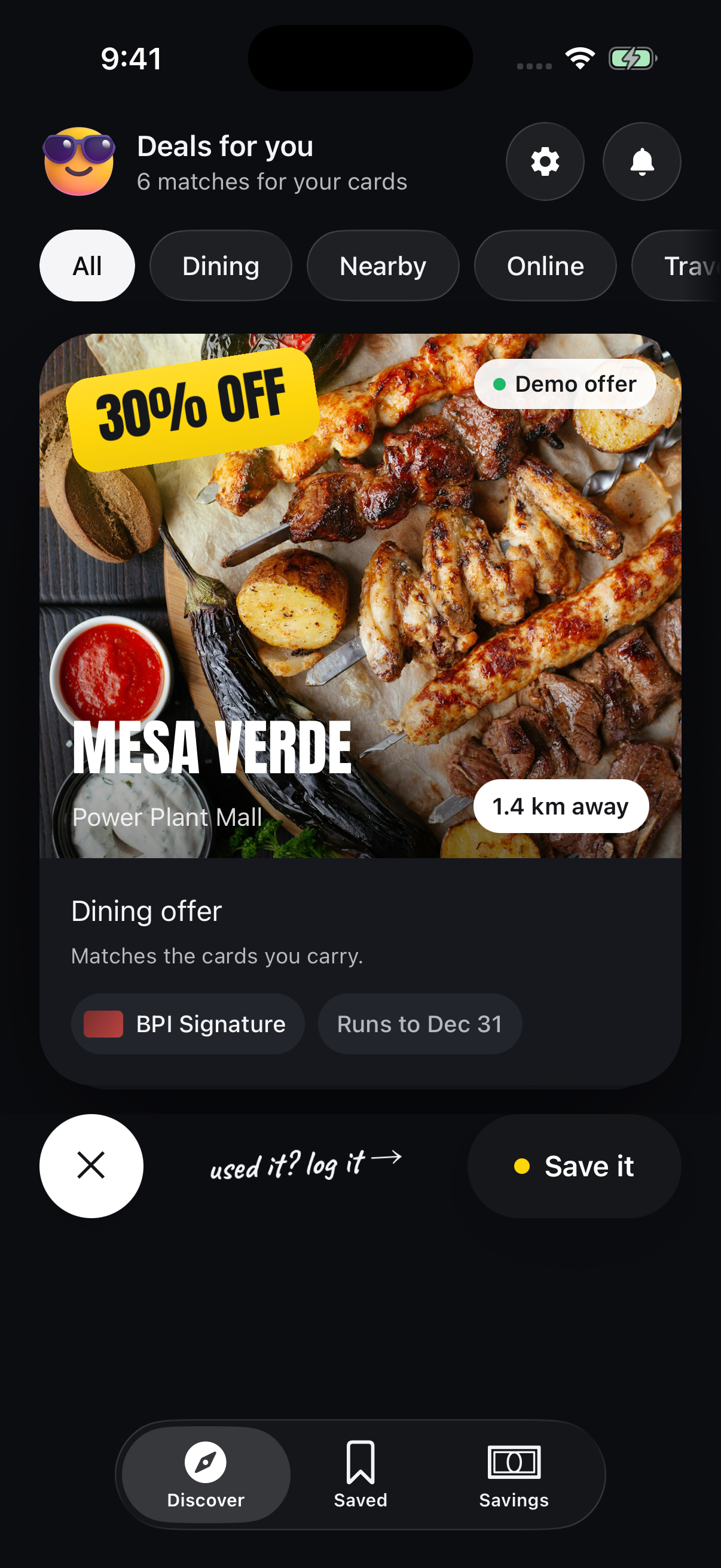 skzn Discover screen showing an example dining offer matched to a BPI Signature card